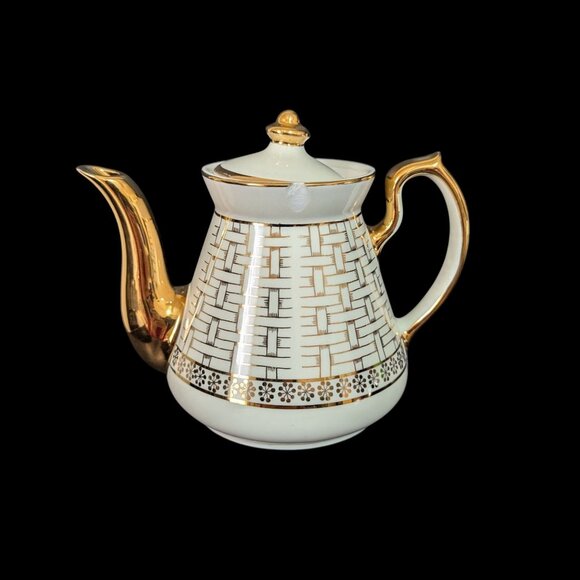 Hall Gold Label Kitchenware Teapot Ivory Gold Basket Weave 6 Cup USA 1941 - Picture 2 of 11